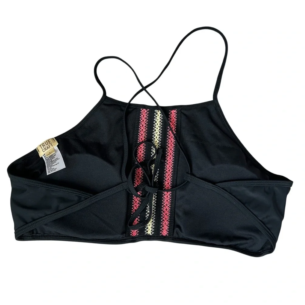 TRUE CRAFT Women’s Halter Bikini Top Black Red/Yellow Boho Embroidery Detail‎ L